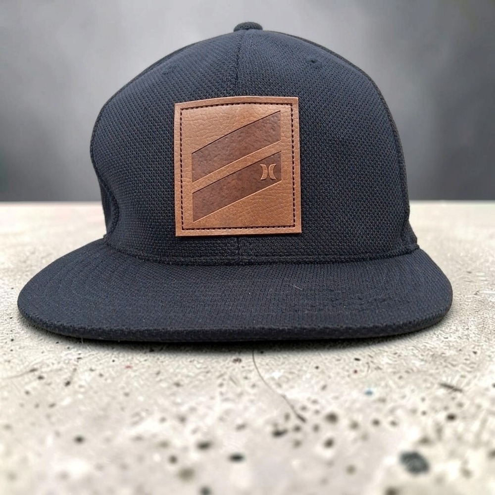 Hurley Mens Hat Black Faux Leather Patch Strapback Surf Y2K Dad Cap One Size